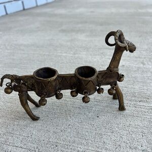 Vintage African Bronze Ram Candle Holder Tribal Art Double Cup Bells Sculpture